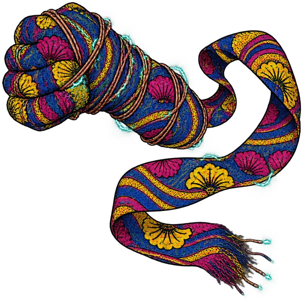 Kain Wrap ankara bermotif ombak dan bunga yang dianyam kawat tembaga, terlilit di kepalan